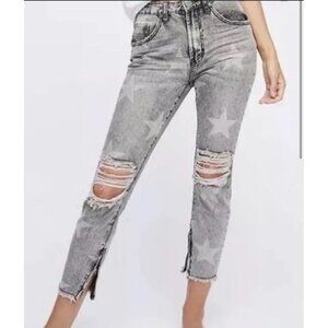 One Teaspoon High Waist Freebird Jeans Black Star Destroyed Cropped Shrunken